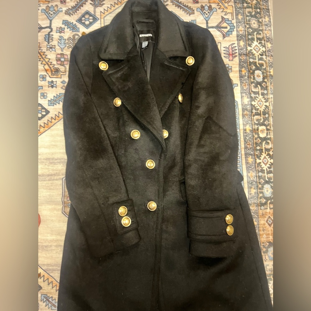 Express Black Pea Coat with Gold Buttons